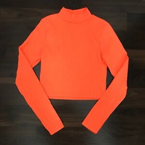 PRETTYLITTLETHING Long Sleeve Ribbed Mock Neck Cropped Blouse Size 6 Neon Orange